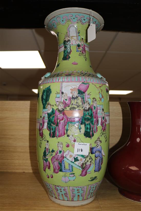 Two large 19th century Chinese famille rose vases and a sang-de-boeuf vase, H 32-58cm (3, all damaged)